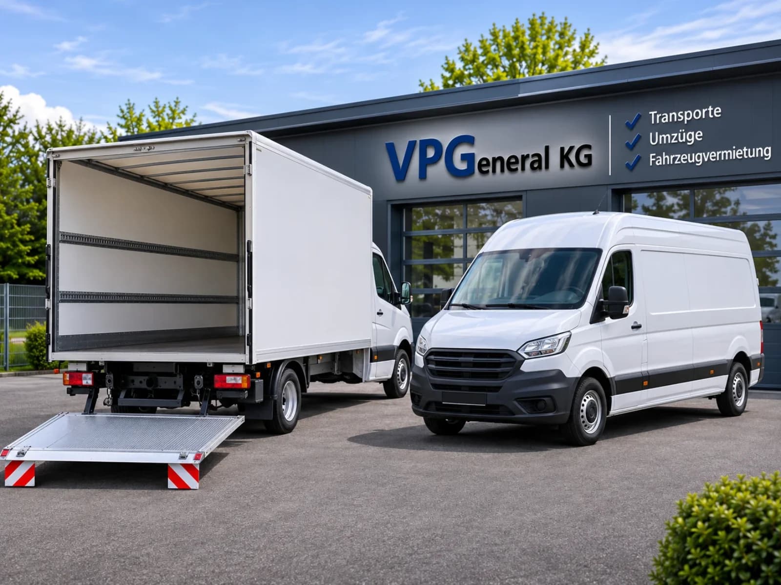 Mietfahrzeuge von VPGeneral KG: Kastenwagen und Lkw mit Ladebordwand vor dem Firmengebäude