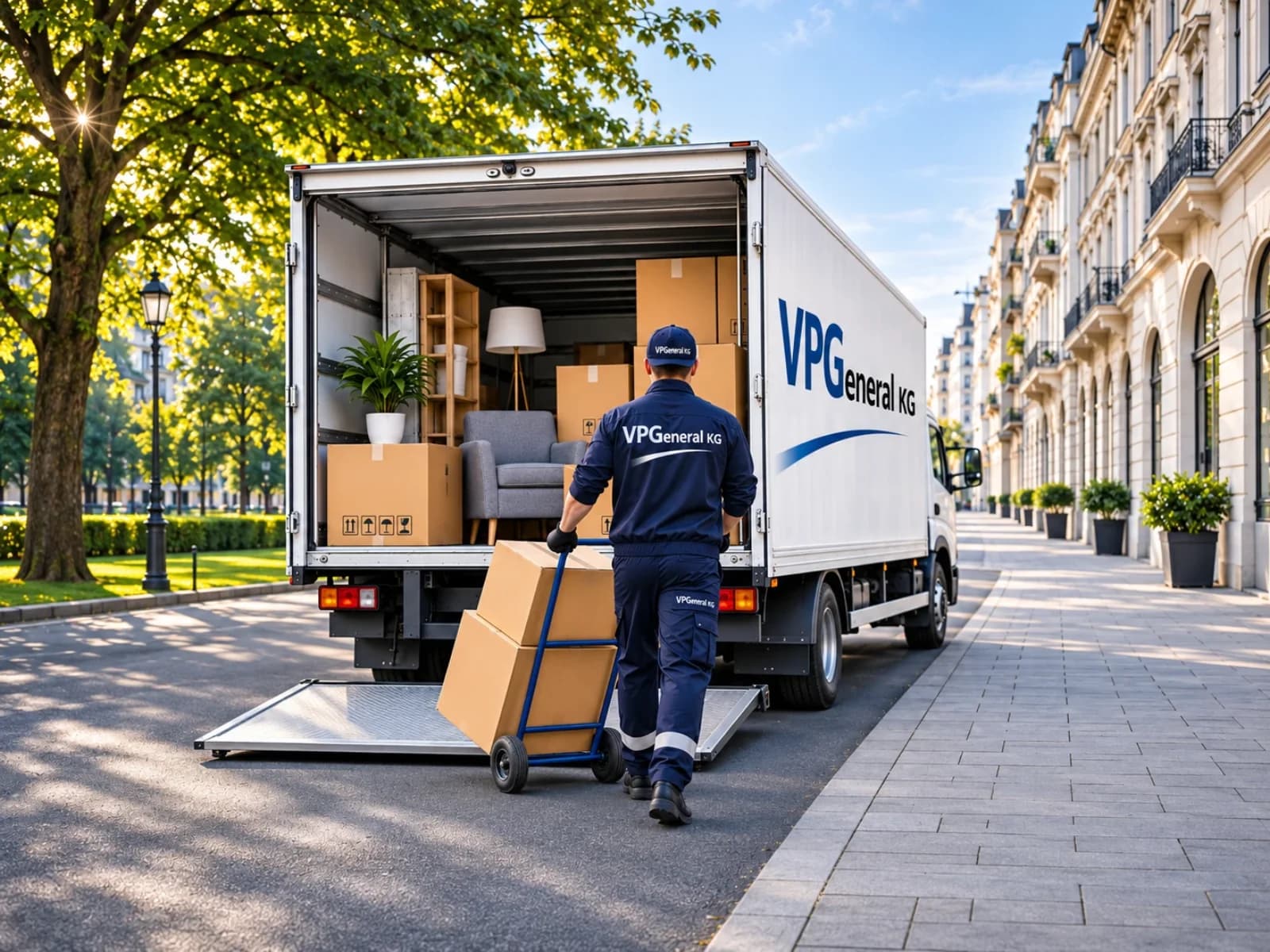 VPGeneral-Mitarbeiter entlädt Möbel und Kartons über die Ladebordwand eines Lkw vor einem Wohnhaus