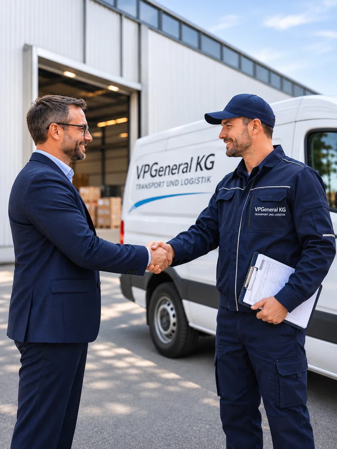 Handschlag zwischen Kunde und VPGeneral-Mitarbeiter vor dem Firmenfahrzeug